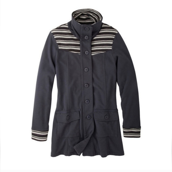 Prana Jackets & Blazers - Prana Rowen Gray Woven Striped Button Front Fleece Longline Trench Jacket